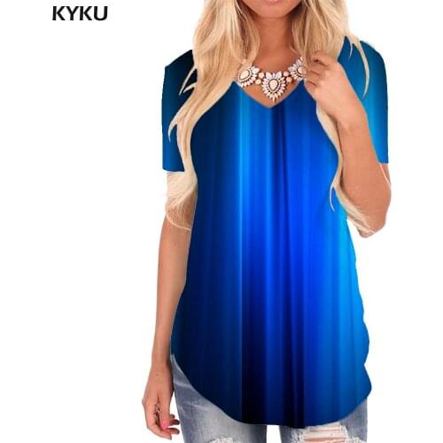 KYKU Dizziness T Shirt Women Abstract Tshirts Printed Psychedelic V-neck Tshirt Dark Blue Shirt Print Womens Clothing Punk Rock