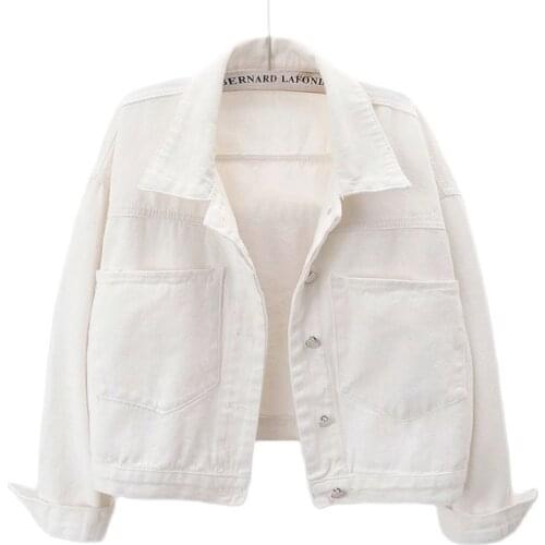 Autumn Korean Fashion White Denim Jacket Coat Women Casual Outerwear Chaqueta Mujer Loose Big Pocket Short Jeans Jacket Female