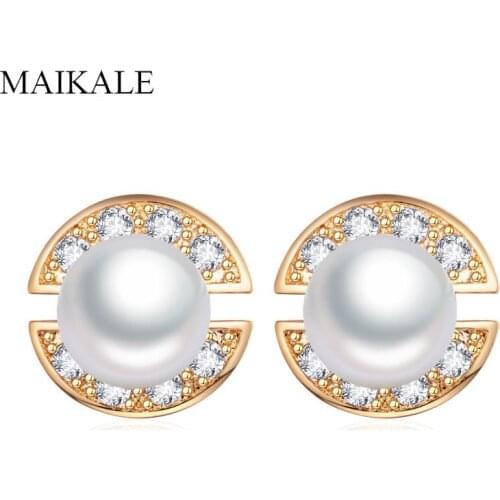 MAIKALE Exquisite Flower Pearl Stud Earrings for Women Top Quality Zirconia Gold Color Small Earring Party Jewelry Charm Gifts