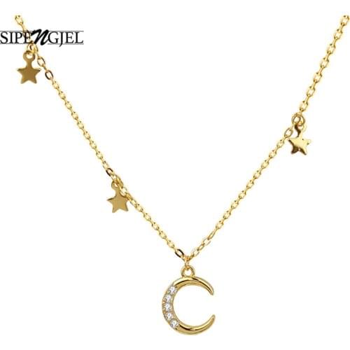 SIPENGJEL Fashion Cubic Zircon Geometric Moon Star Necklace Cz Crystal Gold Chain Nekclace For Women Jewelry