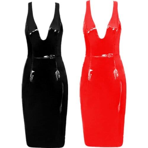 New Women Wet Look Leather Dress PVC Latex Faux Leather Pencil Dress Sexy Slim Sleeveless Bodycon Midi Dress Vestido