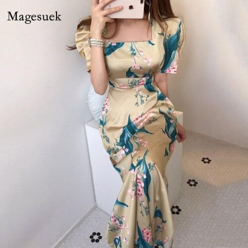 Short Sleeve Dress for Women Vintage Square Collar Printed Elegant Long Dresses Summer Dress Waiste Slim Floral Dress Robe 13714