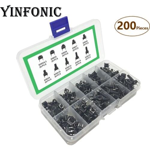 10value x20pcs DIP four-foot Vertical 6X6X4.3 5 6 7 8 9 10 12 14 16H Tact Switch microswitch kit box