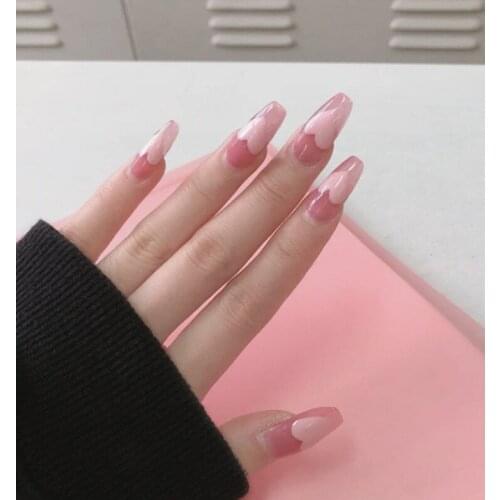 24pcs Pink Love Heart Printed Nail Patch Red Glue Type Removable Long Paragraph Fashion Manicure False Nail Patch DL