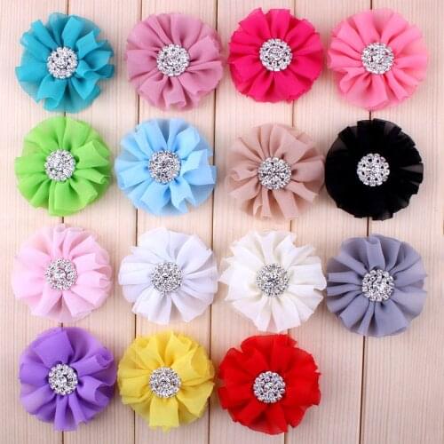 5pcs/lot 6.5CM 15 Colors Tulle Handmade Fabric Chiffon Flower Accessories With Bling Rhinestone Button For Baby Girls Headwear