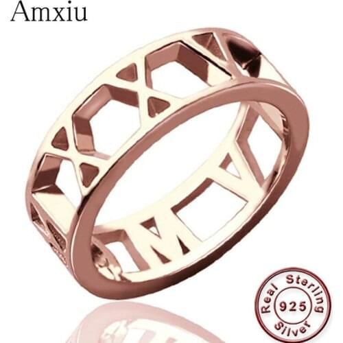 Amxiu DIY 925 Sterling Silver Jewelry Custom Roman Numerals with Any Date Ring Personalized Gift for Women Men Large Size Rings