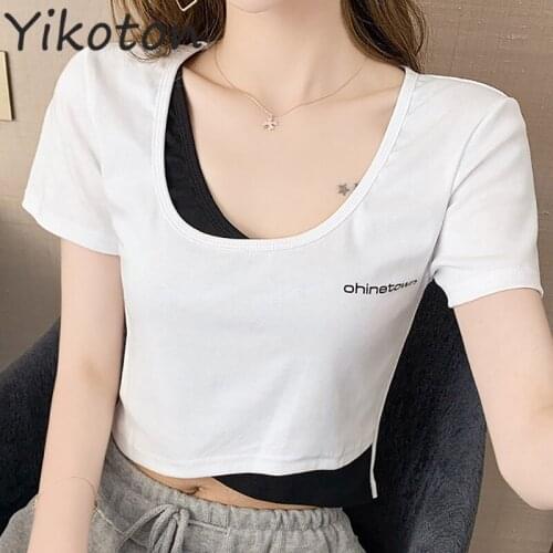 Asymmetric Patchwork White and Black Sexy Women T-shirt Basic Harajuku Ladies Top Camisetas de Mujer Korean Fashion Shirt Y2k