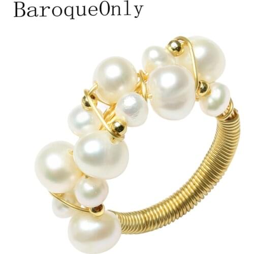 BarqueOnly14k gold-filled Handmade Multiple Pearls Wired String Vintage Ring Oval Real Natural Freshwater Pearl ROD Jewelry