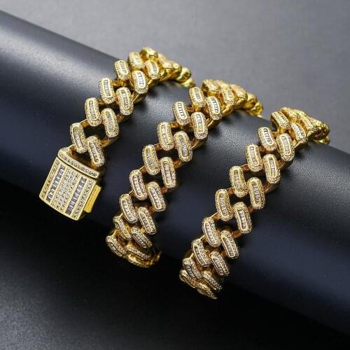 15MM Miami Cuban Chain Necklace Men Cubic Zirconia Shiny Iced Out Cuban Bracelet Gold Color Choker Necklace Set Hip Hop Jewelry