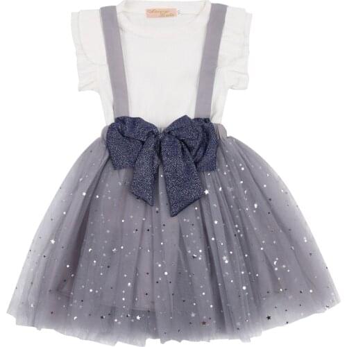 Kids Girls Skirt Two Pieces Suit Solid Short Sleeve Pullover Tops and Sequin Mesh Bowknot Suspender Gauze Skirt for Party