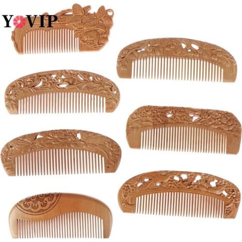 New 1PCS Design Comb 7Styles Natural Peach Wood Healthy No-static Massage Hair Wooden Comb Health Care