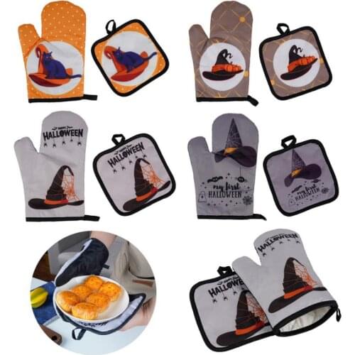 Halloween Hat Pattern Oven Gloves Two-piece Heat-insulating Pad Placemat Tray Dish Bowl Holder Baking Gloves Kitchen Accessories