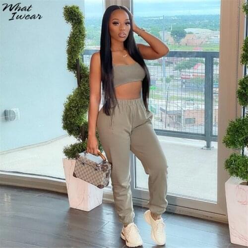 Whatiwear Fitness Two Piece Set Women Sleeveless Backless Camisole+Padded Sporting Trousers Streetwear Loose Matching Outfits