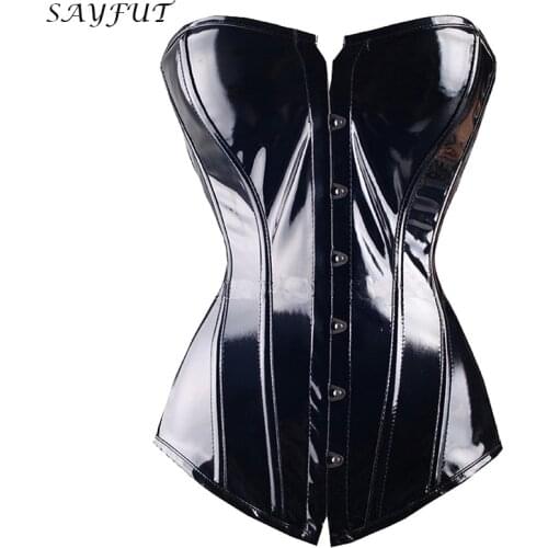 SAYFUT Black PVC Steampunk Corsets and Bustiers Sexy Lingerie Slim Waist Cincher Body Shaper Push up Overbust For Women