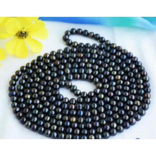 Beautiful 8-9mm natural tahitian black pearl necklace 69" Yellow Clasp