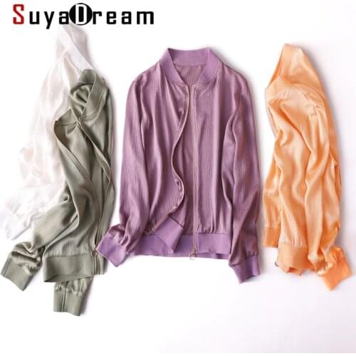 SuyaDream Woman 93%Silk 7%Spandex Long Sleeves Stand Collar Solid Jackets 2021 Spring Autumn Outwears