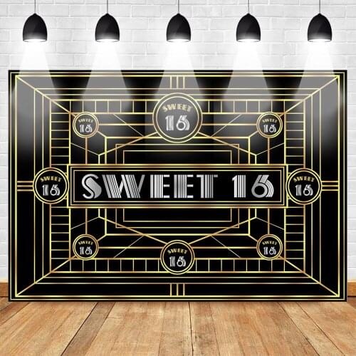 Mehofoto Sweet 16 Birthday Photo Backdrop Birthday Party Background for Children Black Yellow Repeat Pattern Photo Booth