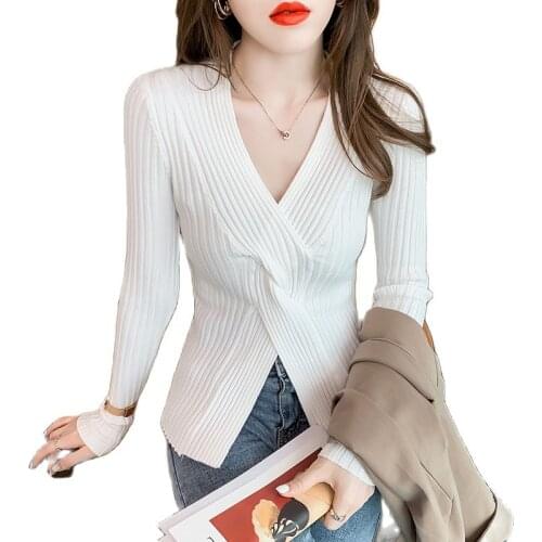 Fashionable and elegant cross V-neck knitted bottoming shirt 2021 fall hot sale slim long-sleeved top womens clothing