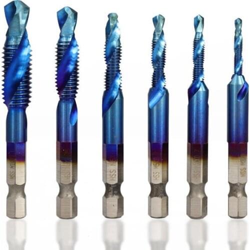 6pcs M3-M10 Combination Drill Tap Bit Set HSS 6542 Blue Nano Coated Deburr Countersink Bits