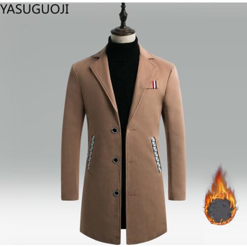 YASUGUOJI New Wool Blend Coat Men Winter Thicken Mens Fashion Wild Overcoat Male Thicken Keep Warm Casual Woolen Pea Coat