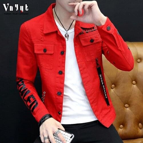 Wholesale 2021 Men\s handsome thin jacket men\s hip hop printed ribbon slim denim clothing men\s streetwear teenagers jacket