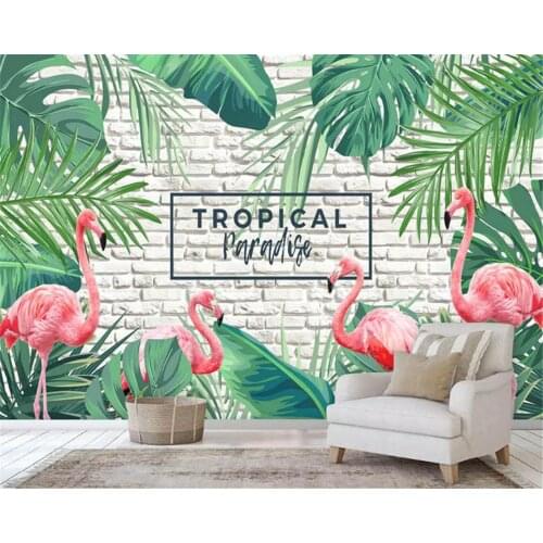 Beibehang Custom fashion silky stereo papel de parede 3d wallpaper fresh green hand drawn tropical plants flamingo background