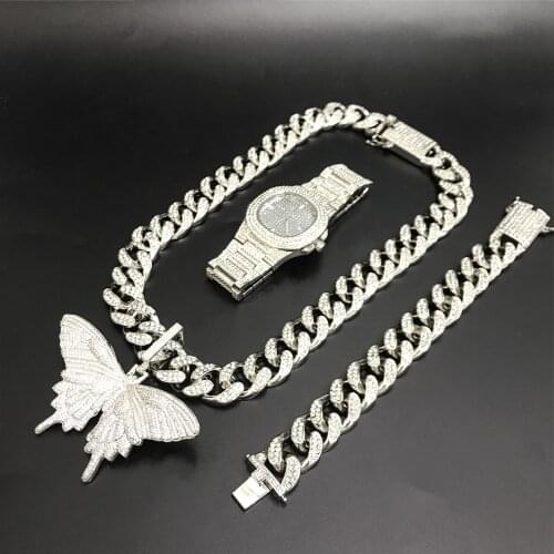 Luxury Men Silver Color Watch Hip Hop Men Butterfly Necklace Men Watch & Necklace&Braclete Combo Set Ice Out Cuban Watch For Men