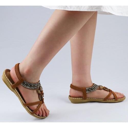 Summer Sandals Soft Elastic Band Sandals Walking Womens Sandals Retro Fashion Flower Print Sewing Shoes Rhinestone Design 2021
