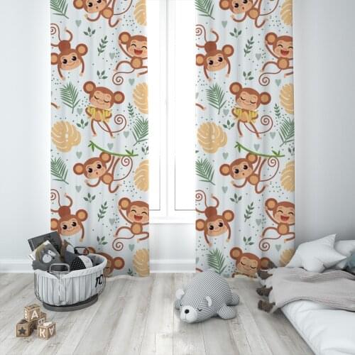 Curtains Children 3D Printed Decorative Items Home Childrens Room Monkeys Brown Leafs Model 1335