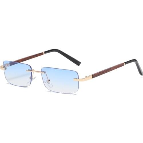 HBK New Square Rimless Retro Sunglasses Men Women Blue Shades Wood Grain Legs Metal Frameless Brand Design High Quality Eyewear