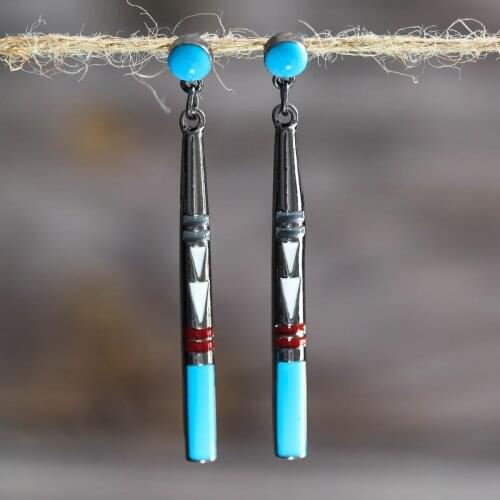 Vintage Blue Stone Long Rod Drop Earrings For Women Tribal Jewelry Handmade Metal Ethnic Boho Earrings Brincos Mujer Z3D392