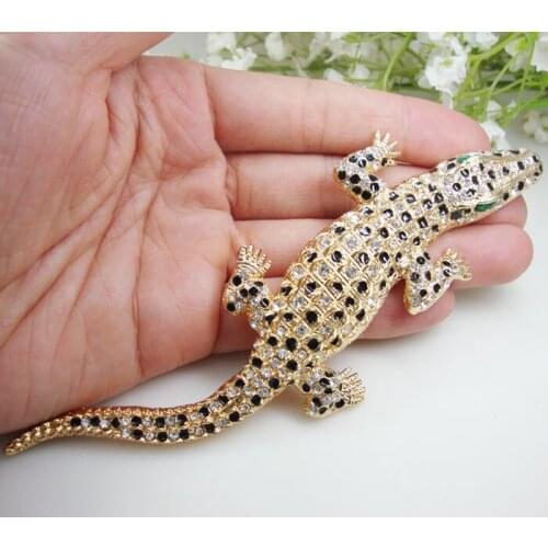 Vintage Gecko Animal Pendant Woman Crocodile Brooch Pin Clear Crystal Lizard