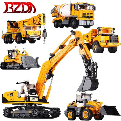 Blocks Engineering Bulldozer Crane Working Cement Mixer Truck Car Building Block City Construction Toy Compatible Bricks