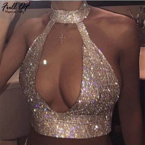 Sexy V neck Metal Crystal Diamond Women Sequins Tank Top Summer Beach Halter Camis Bralette Womens Nightclub Party Crop Tops New