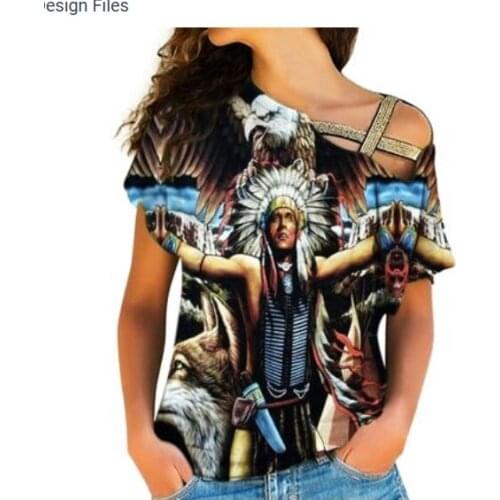 Womens Over Print Cross Shoulder Shirt Native Lndian Cross Short Sleeve Off-Shoulder Shirts Casual One-Shoulder Shirt Top Tee