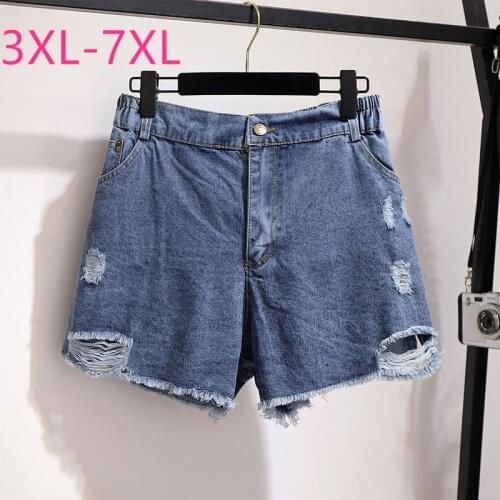 2021 summer plus size denim shorts for women large loose casual elastic waist cotton hole wide leg shorts blue 4XL 5XL 6XL 7XL