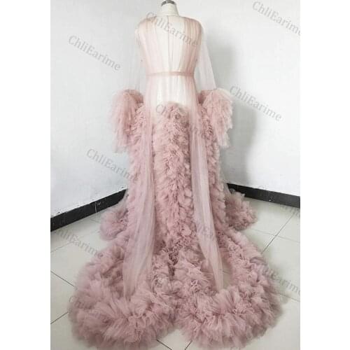 Ladies Dressing Gown Perspective Sheer Long Tulle Robe Puffy Pregnancy Photoshoot