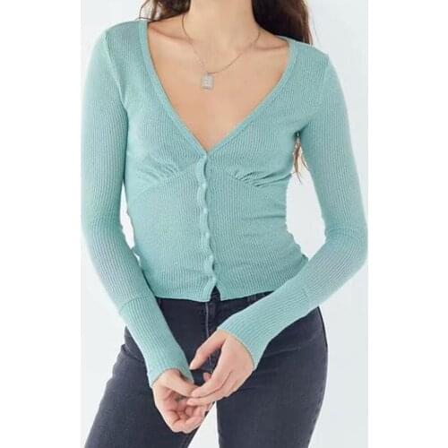 Women Summer Knitted Cropped Cardigan Ladies Vintage V neck Long sleeve Green Short Sweater Tops Ruffle Pink Knit Crop Top 2020