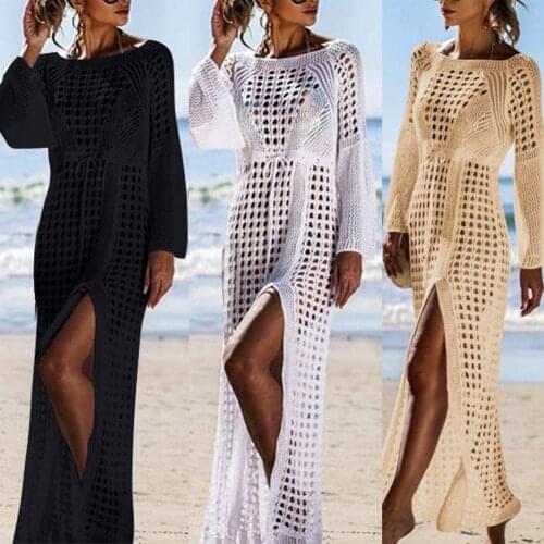 70% Hot Sell Summer Women Hollow Knitted Long Sleeve High Split Bikini Cover Up Maxi Dress