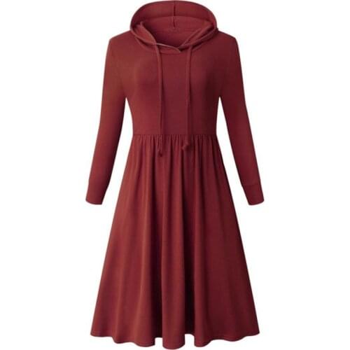 New Womens Solid Color Expandable Hooded Long-Sleeved Pullover Dress