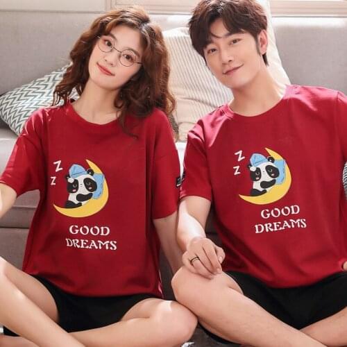Men Women And Comfort Nightwear Sweet Couple Matching Summer Cartoon Pajamas Cotton O-neck Kawaii Panda Moon 2pcs Set Homewear