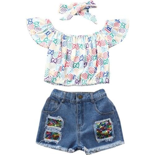 IYEAL Children Girl Outfits Baby Girl Clothes Toddler Tops Ripped Denim Shorts With Headband 3PCS Summer Kids Clothes Set