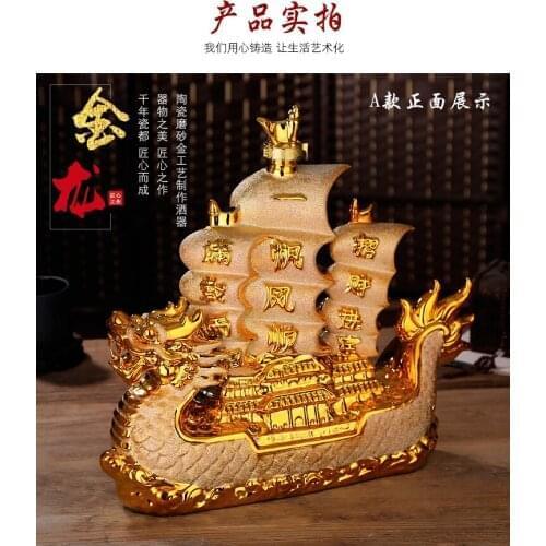 40CM LARGE 2021 good luck home OFFICE BAR CLUB Business ART FENG SHUI GOOD LUCK gold Dragon Sailboat Ornament statue Wine pot