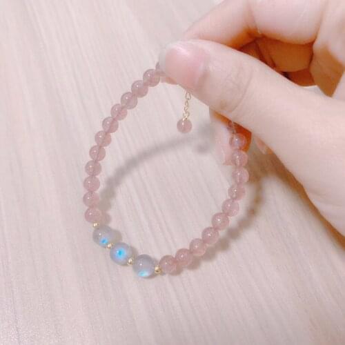 925 Sterling Silver Ball Moonstone and Strawberry Quartz Strand Bracelet Women Girl Lady Natural Gemstone Pretty Jewelry