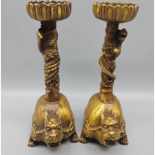 China brass archaize dragon turtle wax candlestick crafts statue A pair