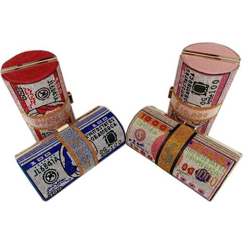 Fashion Style Round Barrel Diamond of Usd Cash Bags Women Crystal Clutch Evening Purses and Handbags Party Dinner Bag for Women