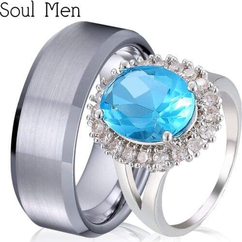 Soul Men 1 Pair Boy & Girl Promised Rings Set 8mm Durable Tungsten Ring for Male Big Green CZ for Female Lovers Jewelry