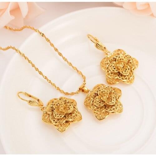 Gold african Ethiopian Flower Jewelry sets for Bride Wedding Jewelry Necklace pendant Earrings womenArab Jewelry Africa Gifts