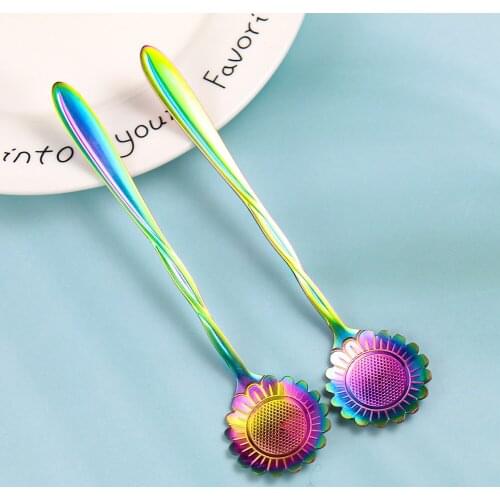 Stainless Steel Spoon Long Handle Colorful Sun Flowers Shape Ice Tea Coffee Spoon Dessert Spoon Kitchen Drink Tableware