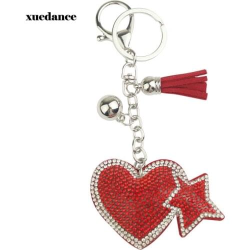 New Heart plus Pentagram Keychain Leather Tassel Key Holder Metal Crystal Key Chain Keyring Charm Bag Auto Pendant Gift
